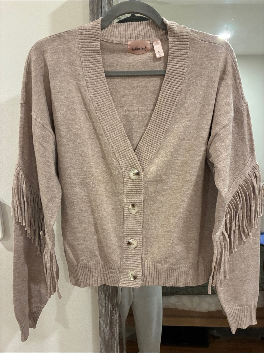 Katherine Barclay Taupe Fringe Button-Front V-Neck Cardigan